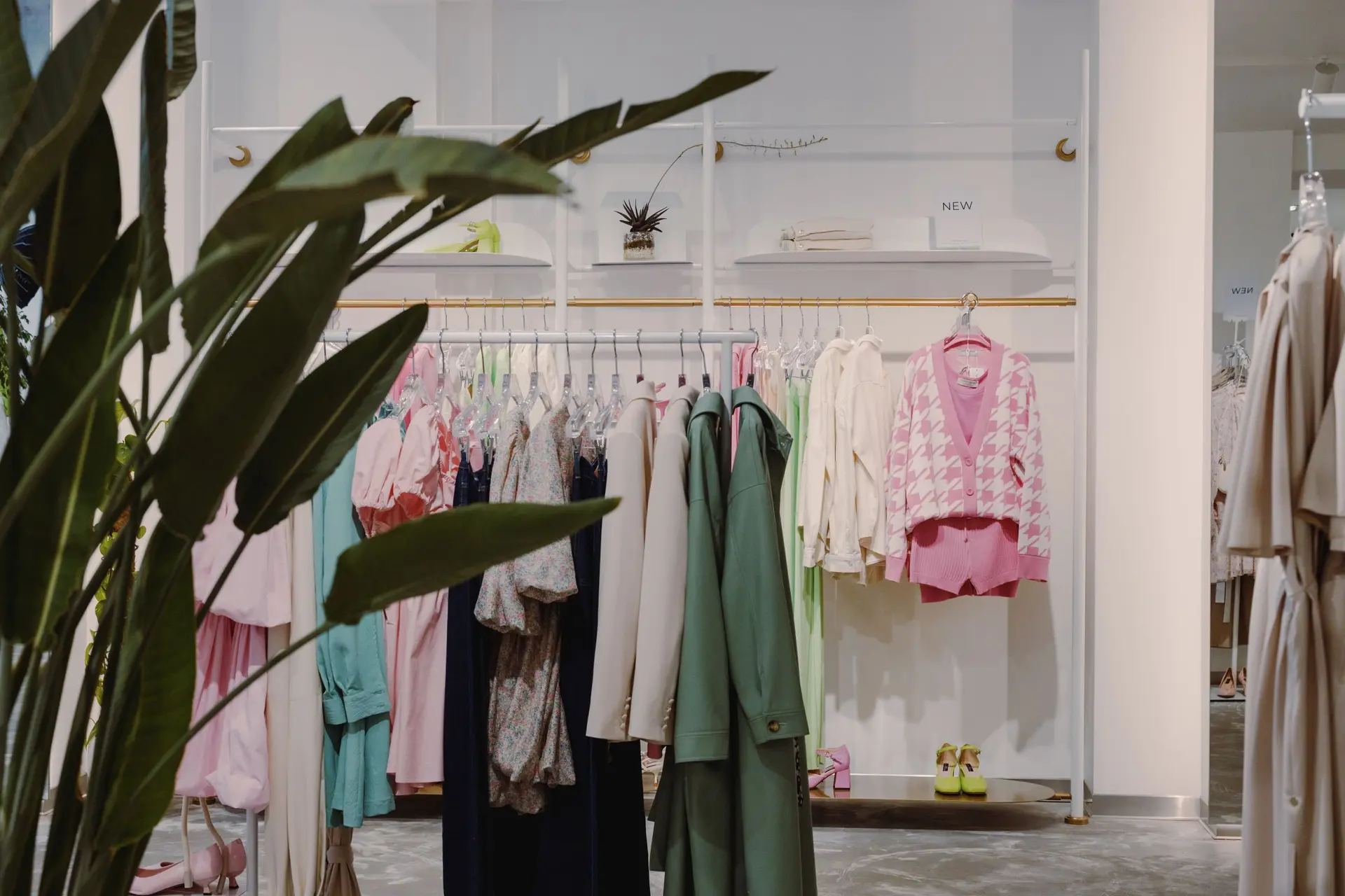 Boutique wall of pastel clothing on a rail beside a large plant